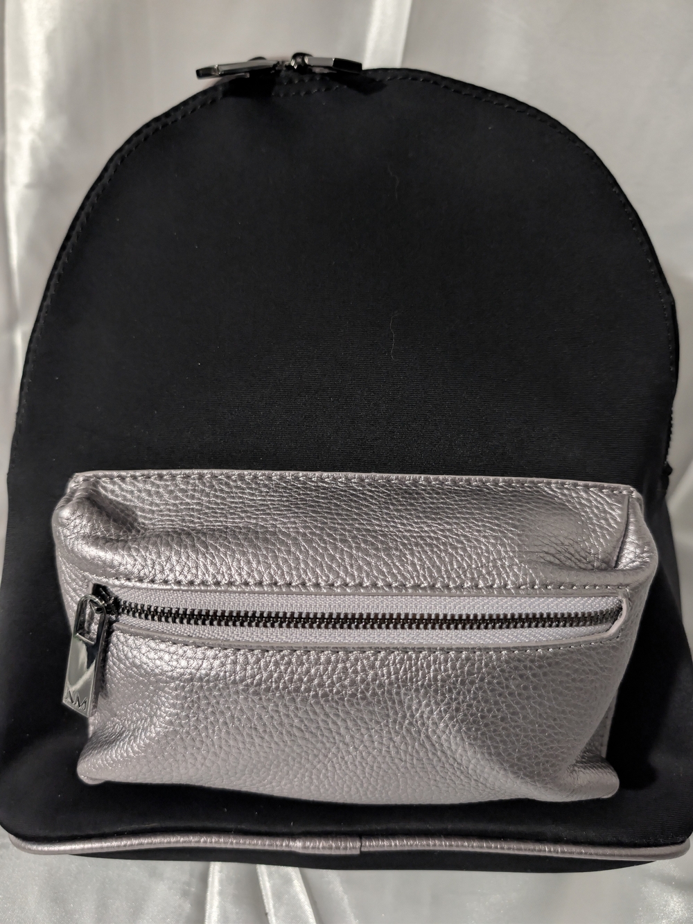 Neiman Marcus Metallic Lavender Black Front Satin Front Pocket Backpack - Women